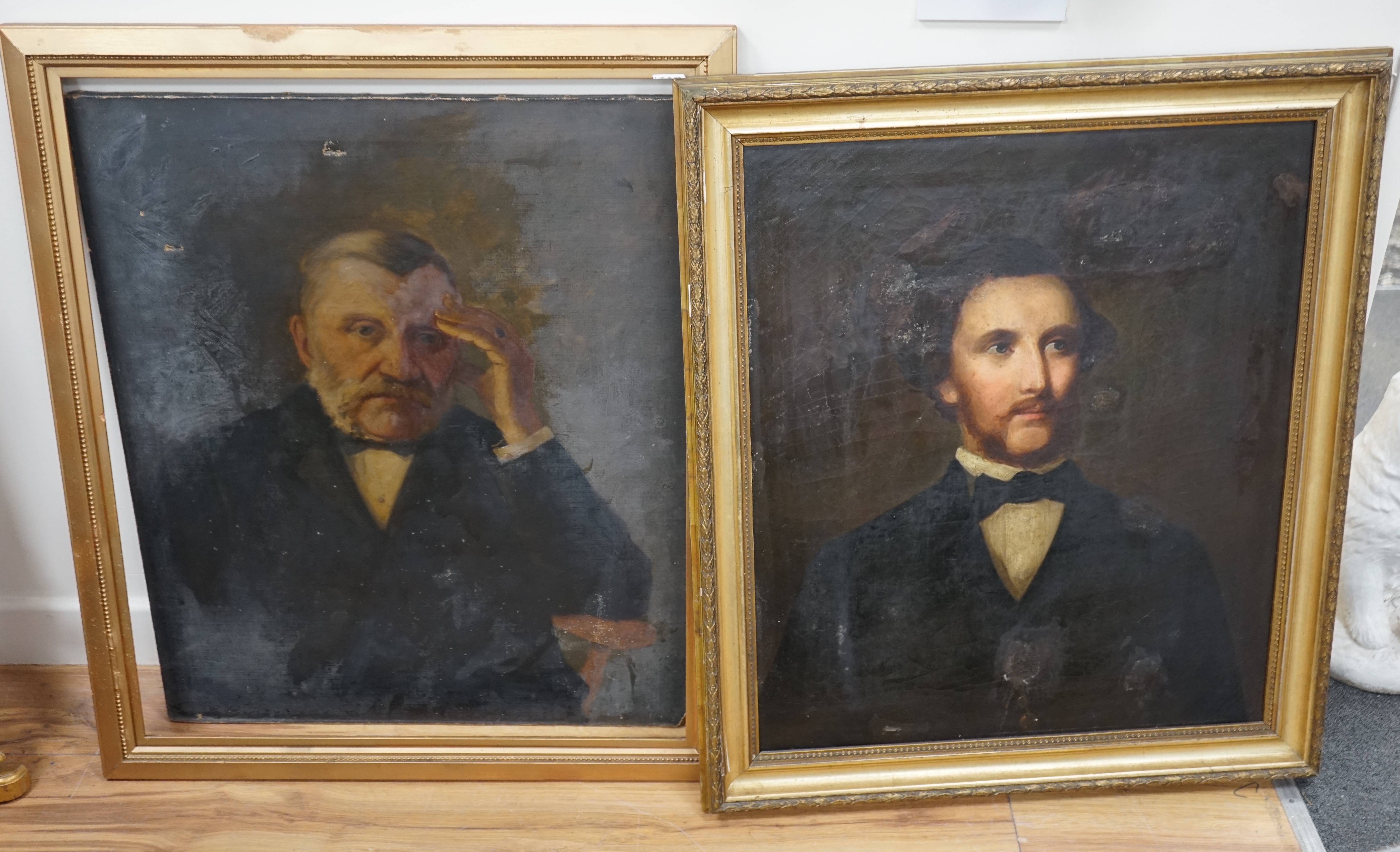 Two early / mid 19th century School oils on canvas, Portraits of gentlemen, unsigned, largest 68 x 58cm. Condition - poor